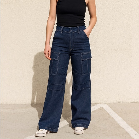 I.AM.GIA High Rise Wide Leg Cargo Jeans with Contrast Stitching Full Length XS - Picture 1 of 6